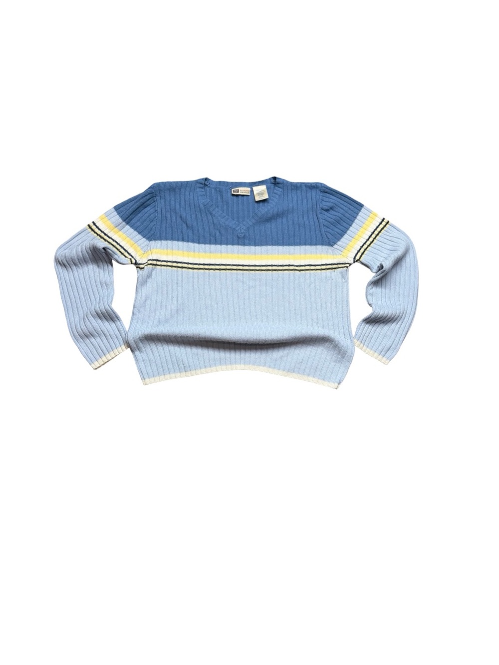 Vintage Faded Glory Two-Tone Blue V-Neck Sweater with Yellow Stripe